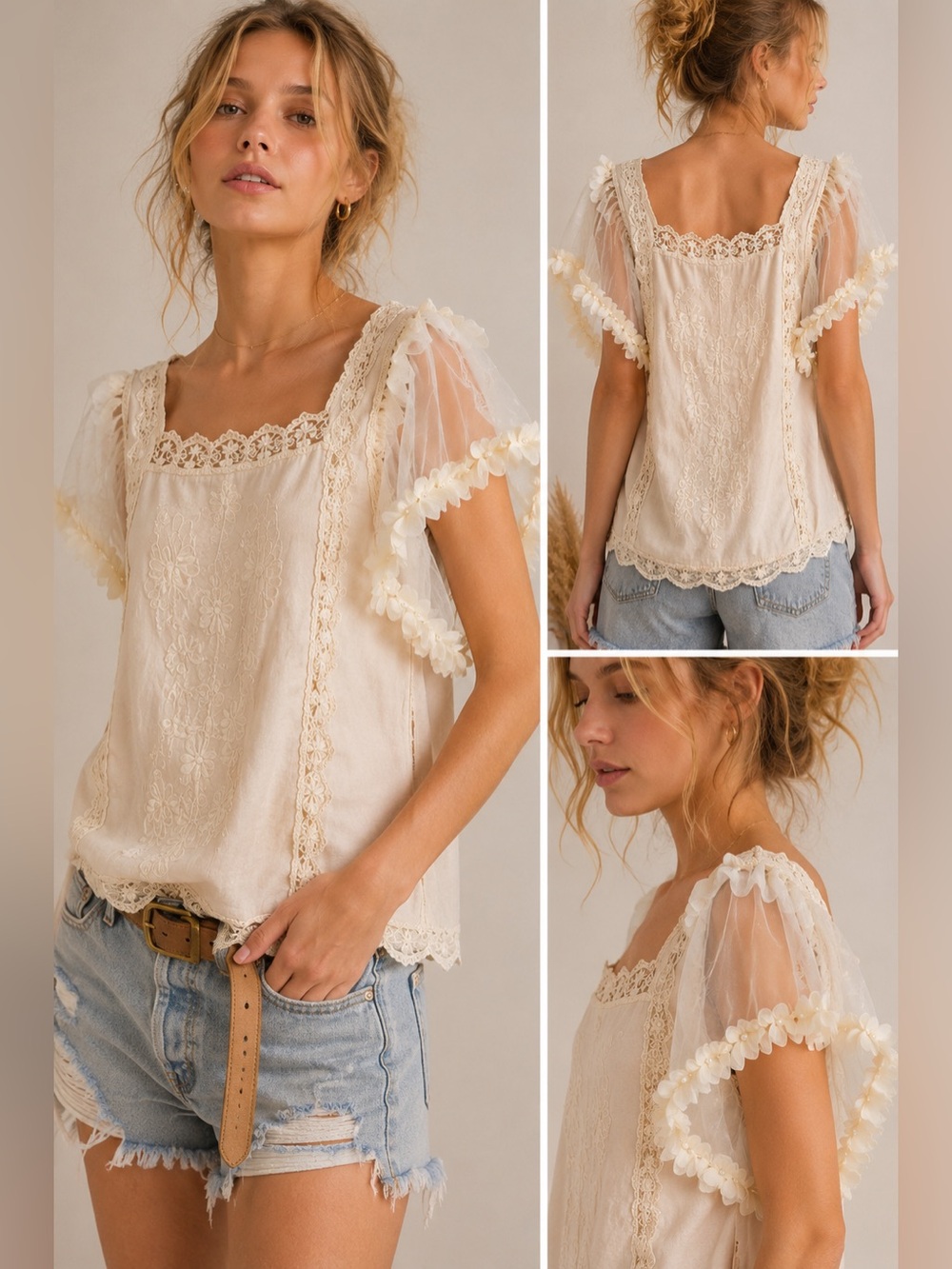 POL Cream Floral Appliqué Sheer Sleeve Boho Tunic Top Size M